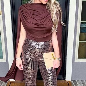 Elegant Brown and Gold Women's bodysuit cape top goddess new in bag sz large top